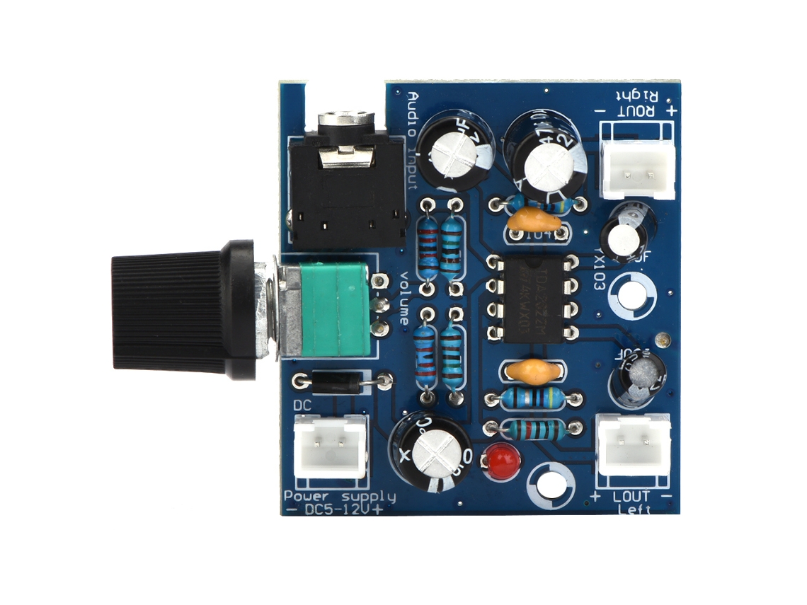 Módulo de áudio TDA2822 com canal Duplo e volume ajustável, alimentado por 5-12V DC.