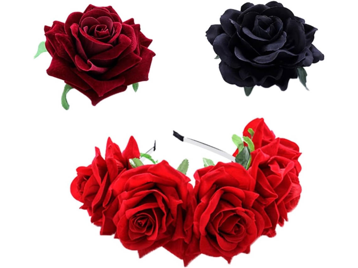 Ensemble 2 Pièces Serrage, Têtes Cheveux Mariage Rouge Y Noir Rose Artificielle