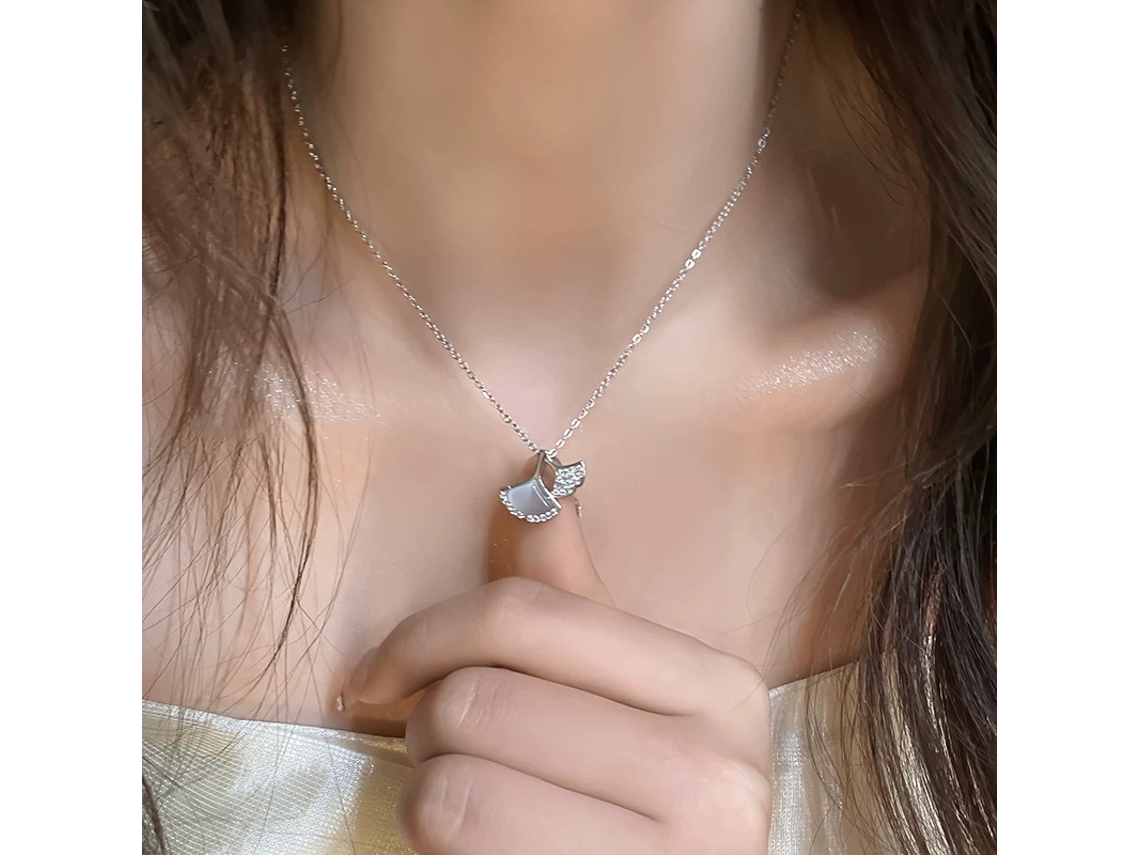 (oro Blanco) Collar De Plata De Ley 925 Con Hoja De Ginkgo: Sofisticado Y De Diseño Elegante.