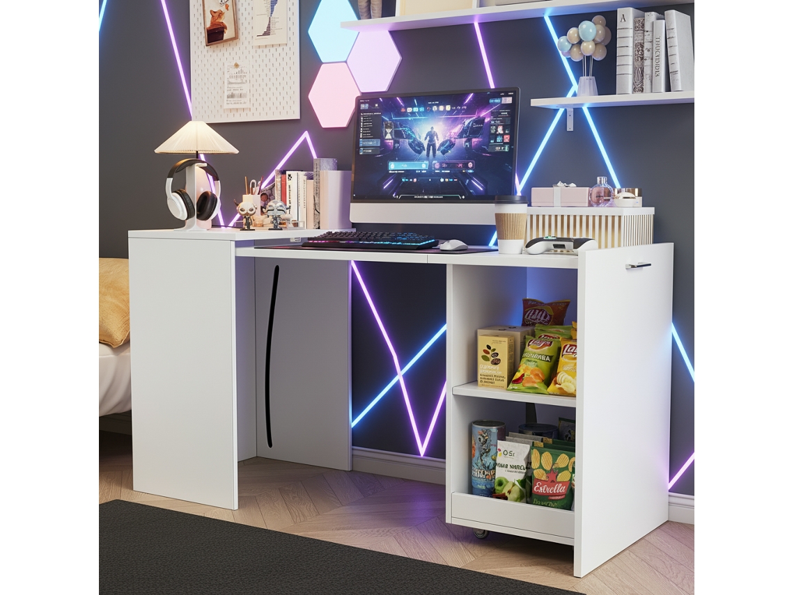 Mesa Multifuncional Plegable 126x55x72,5 Cm - Escritorio Y Armario Con Dos Compartimentos, Alta Resistencia - Blanco