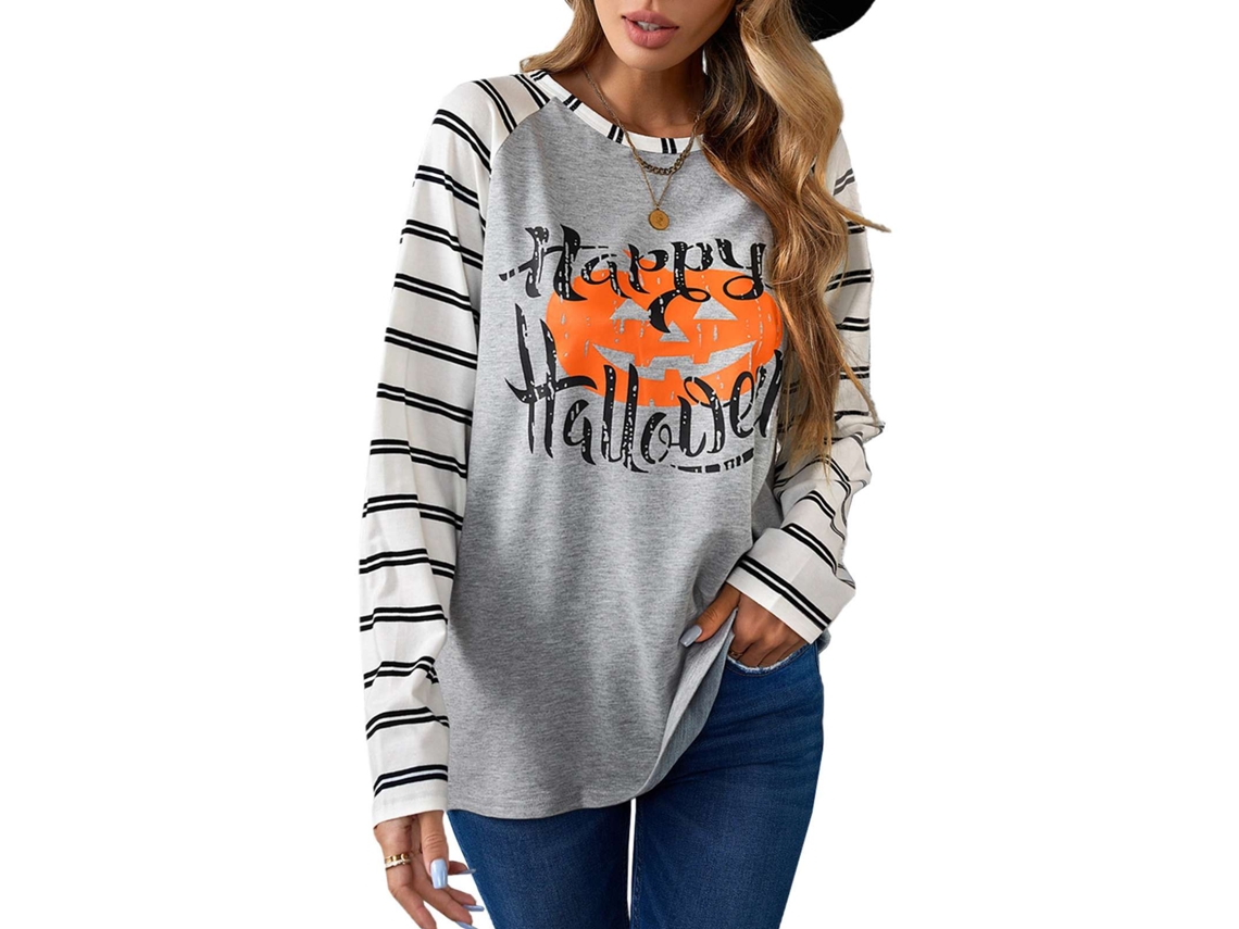 Kkpm-sudadera Para Mujer Cuello Redondo Manga Larga Estampado Halloween Casual Otoño Invierno Gris M