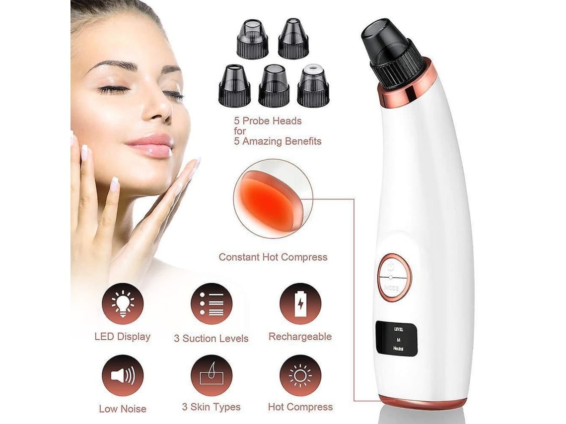 Aspirador de puntos negros con pantalla LED y 5 cabezales para eliminar puntos negros, granos y grasa, tratamiento facial, regalo femenino, Yemaesre blanco