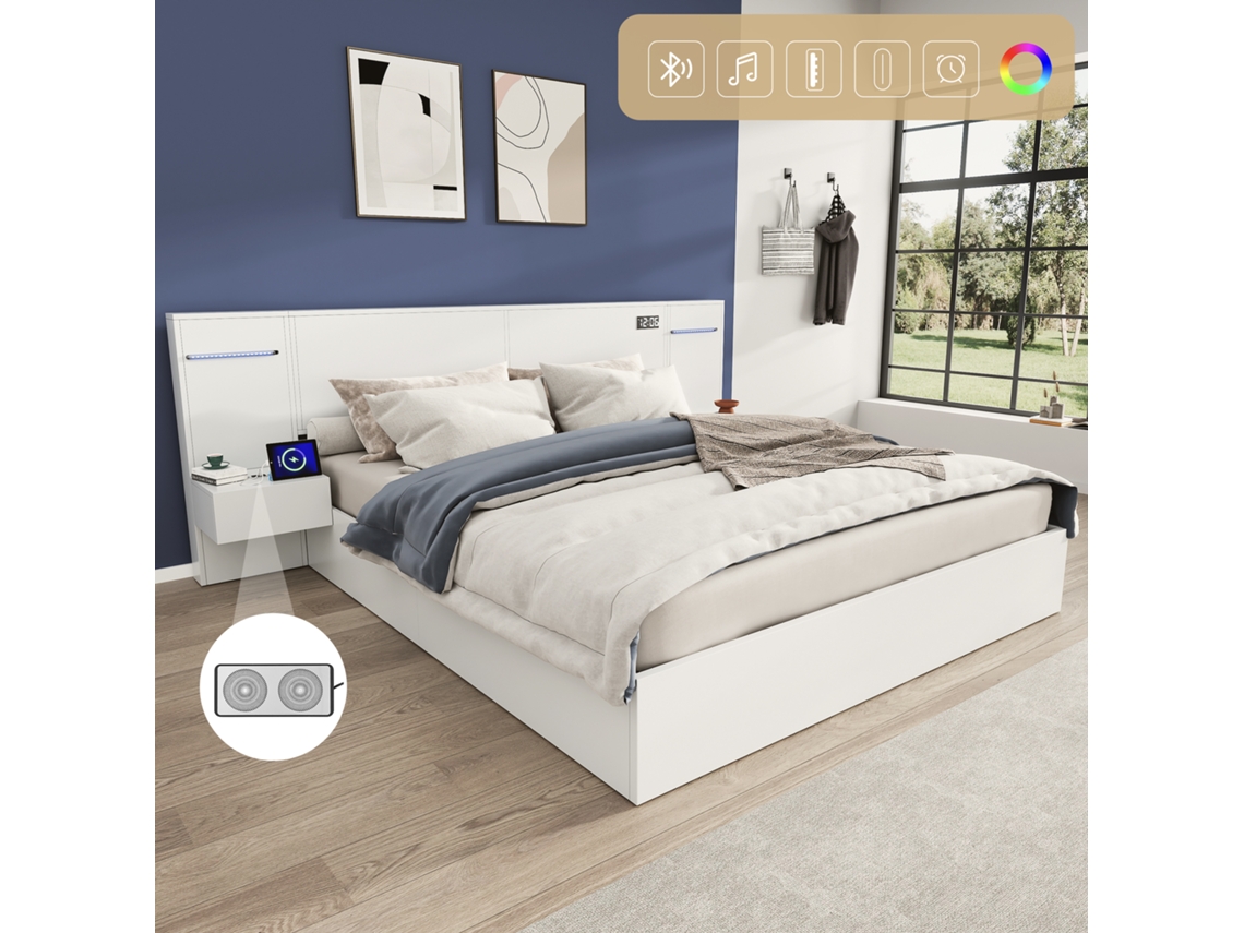 Cama Doble De 180x200 Cm, Madera Blanca, Usb, Bluetooth, Reloj Led, Mesas Auxiliares.