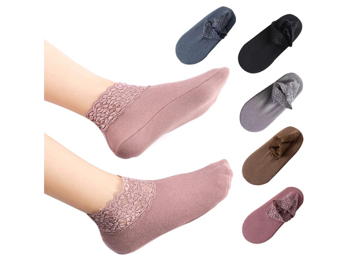 2026-5 Pares Calcetines Ankle Mujer Invierno Con Encaje Fruncido Antideslizantes Calcetines Cortos Calientes Para Damas