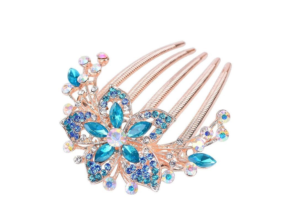 2026-peine De Pelo Con Strass Florales Azules Accesorios De Joyería De Aleación Resistente