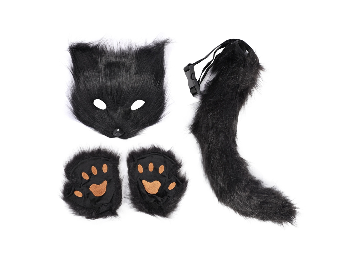 -set Fox Cara Guantes Cola Suave Peluche Piel Amigable Accesorios Disfraz Cosplay Mujer Niña Negro