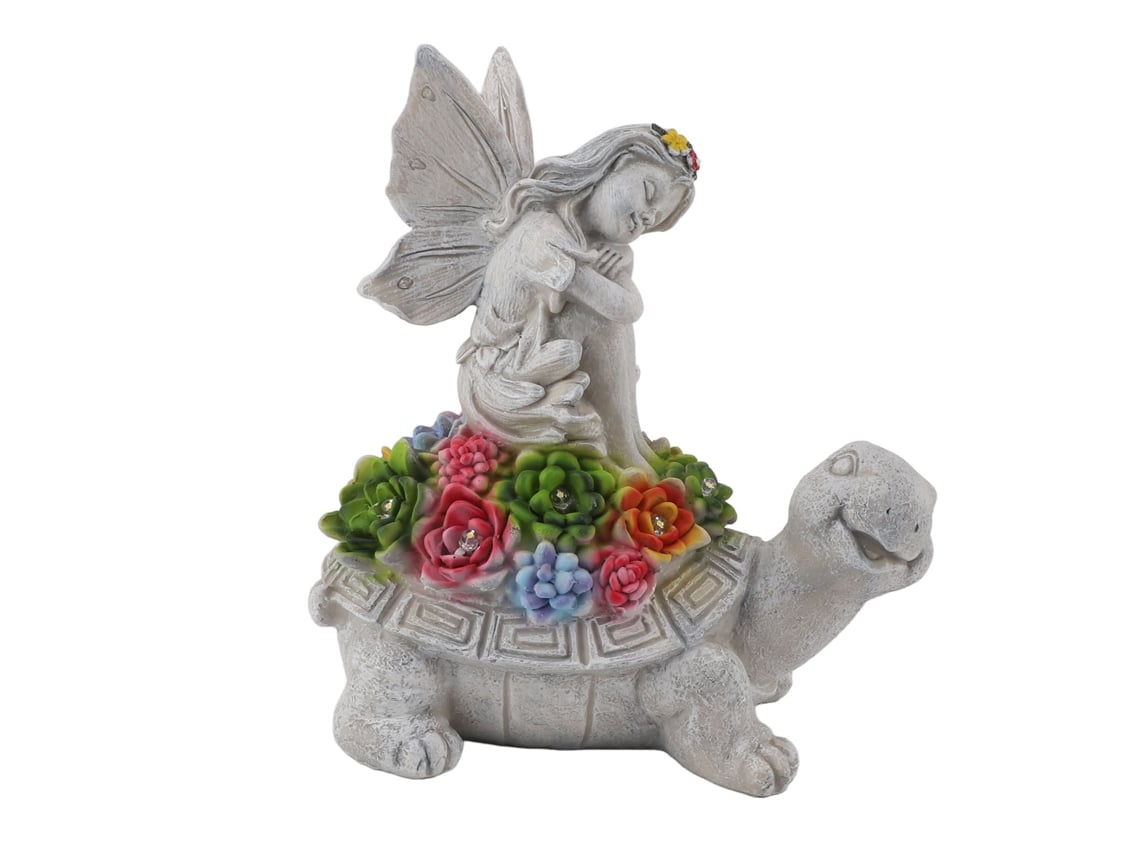 Escultura de tartaruga e anjo para jardim com energia solar, feita de resina durável com luz LED, ideal para decoração de pátios e jardins.