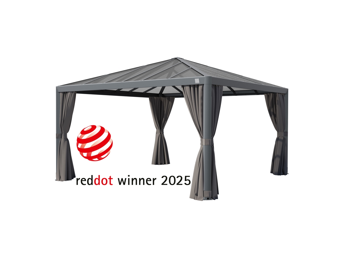 Pérgola de jardín Primeyard de 4x4 m con techo rígido de policarbonato y 4 cortinas grises.