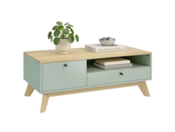 Mesa De Centro Para Salón, Mesa Auxiliar Rectangular Con Cajón, Puerta Y Compartimento Abierto, Verde Claro Y Roble.