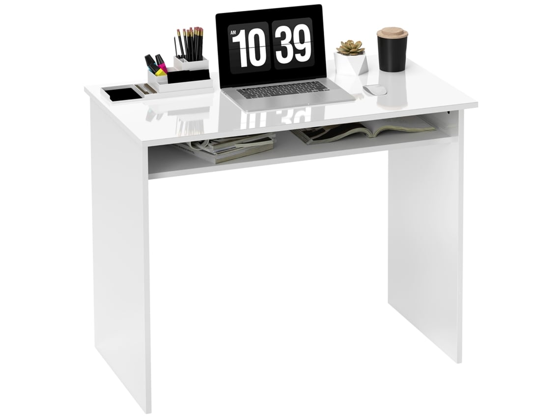 Escritorio compacto para ordenador con estante, 90x50x74 cm, lacado en blanco.