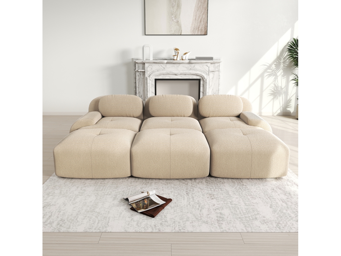 Sofá Modular 3 Plazas con 3 Pufs, Sin Montaje, Apto para Mascotas, Brazos Refinados, Relleno 32D Alta Elasticidad – Beige