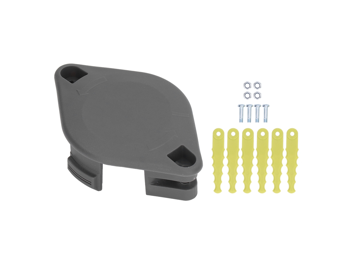 Primer cabezal con cuchillas para desbrozadoras Ryobi de 18V, 24V y 40V, incluye 6 cuchillas de repuesto.