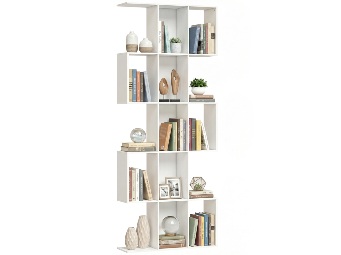 Librería En Forma De S Con 5 Baldas, 80x24x200 Cm, Blanca.