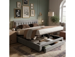Cama Doble De Terciopelo Gris, 160x200 Cm, Amplio Espacio De Almacenamiento, Somier De Láminas, Robusta.