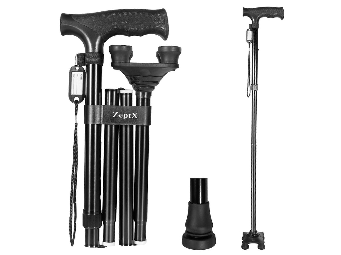 Bastón plegable de cuatro patas para hombres y mujeres, puntas de goma antideslizantes ultrarresistentes [Negro]