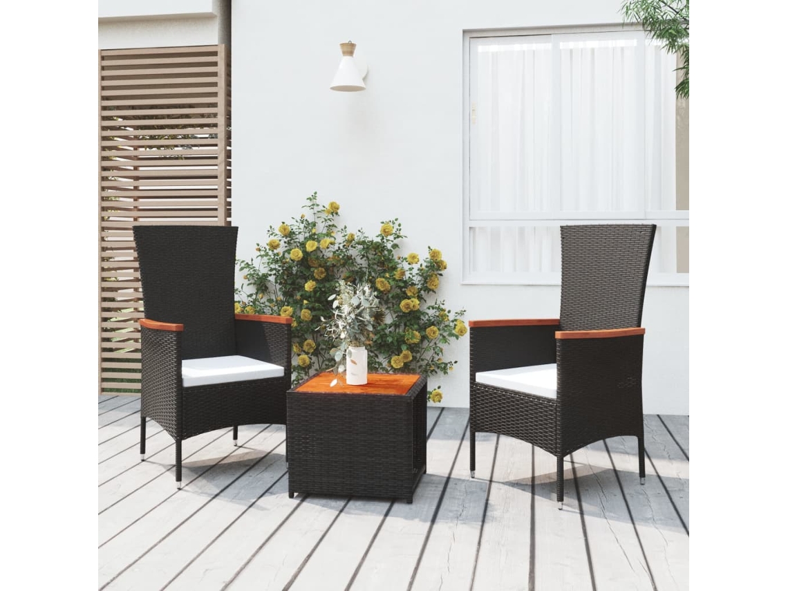 Conjunto de jardín de 3 piezas en mimbre macizo de acacia, negro, DKD Home Decor