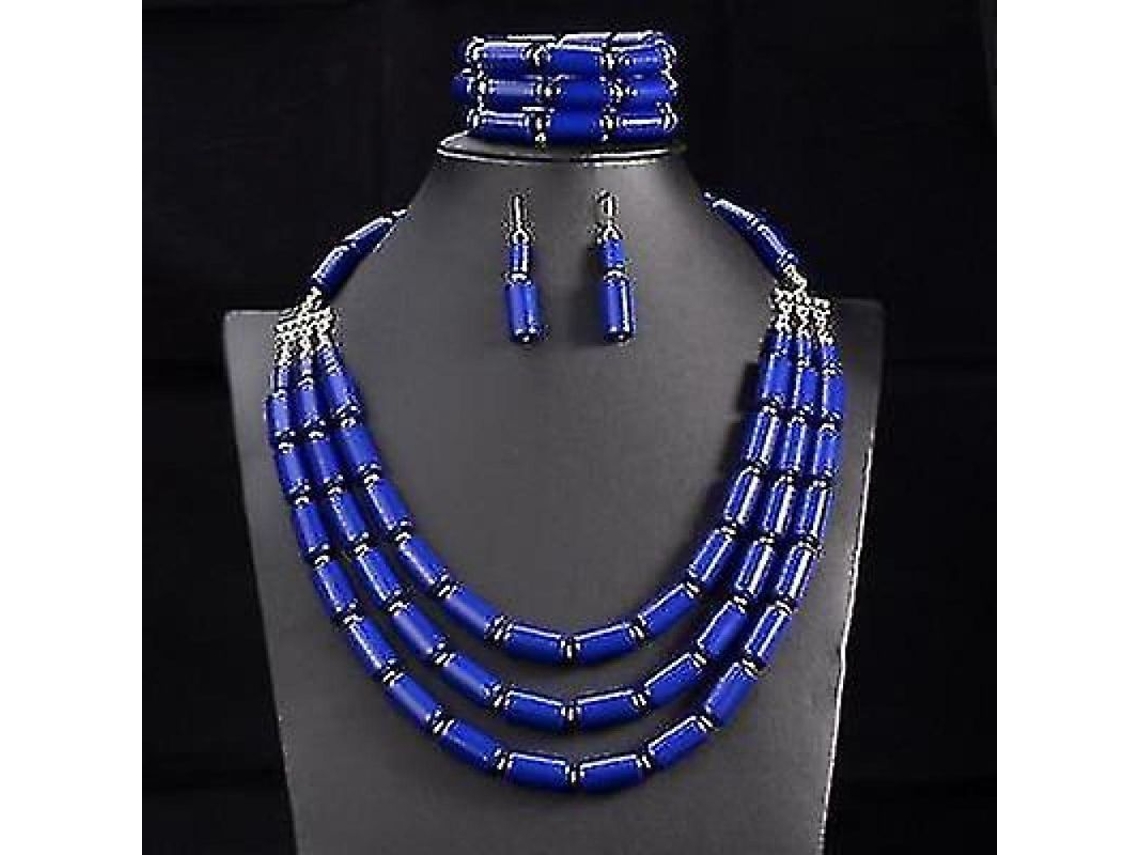 Juego De Joyería Para Mujer Con Collar, Pendientes Y Pulsera De Acero Inoxidable Estilo Geométrico Dorado Azul