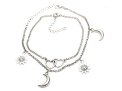 2pcs Pulseras De Tobillo Plata Con Colgantes Luna Sol Y Corazón Ajustables Para Mujer