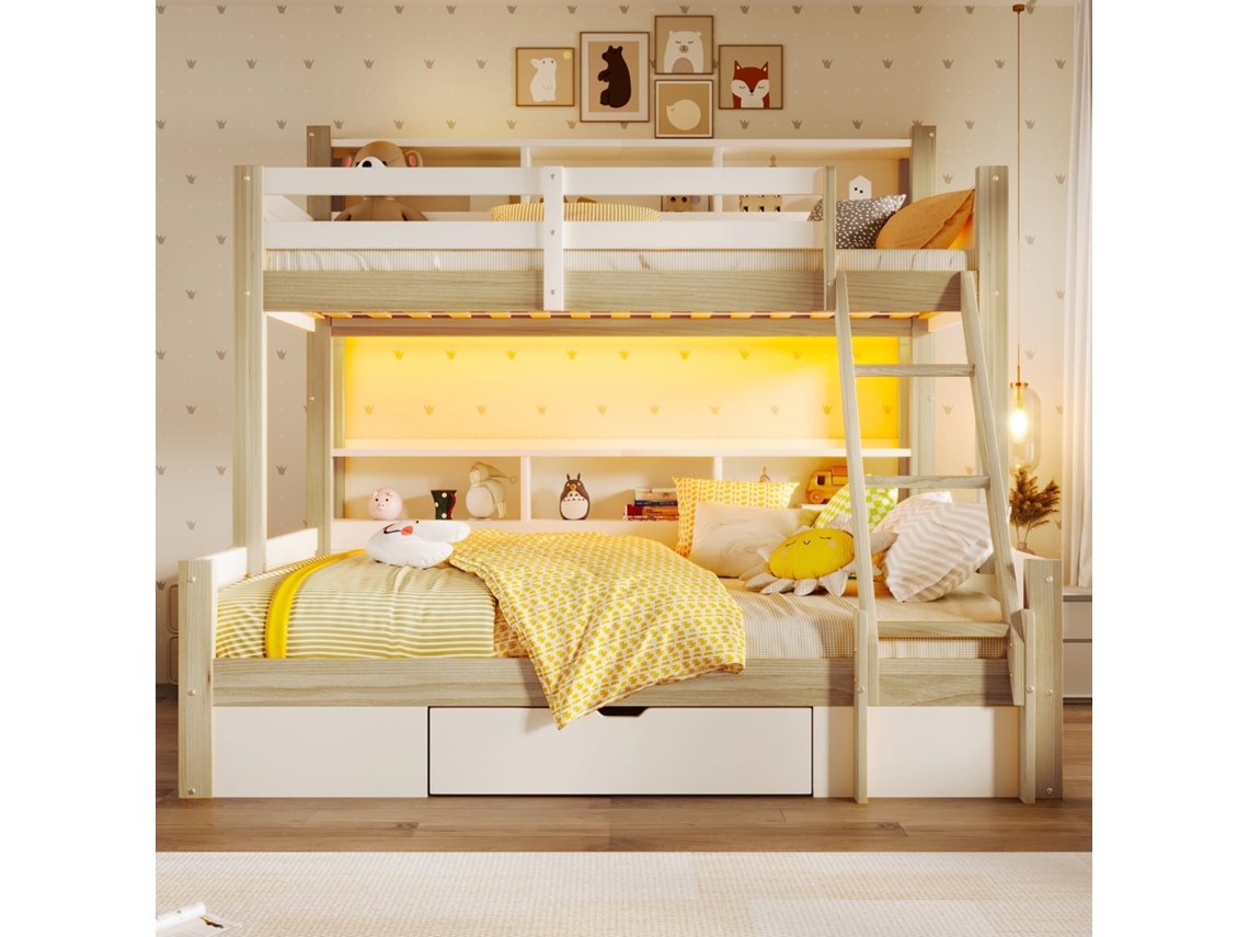 Litera Superior 90x200 Y 140x200 Cm, Led, Estantes Abiertos, Cajón, Seguridad, Sin Colchón, Blanco Natural