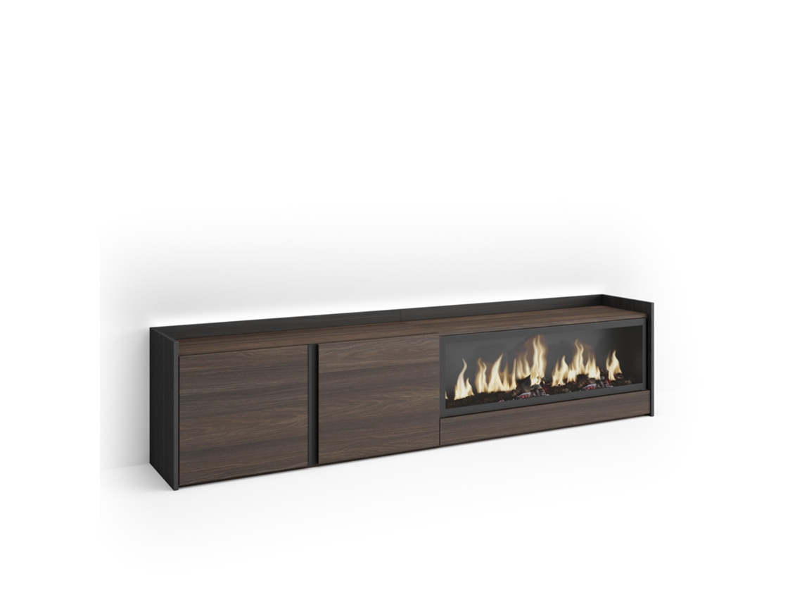 Mueble Tv, Televisión, 212x35x50cm, Para Tv Hasta 80", Chimenea Eléctrica Xxl, Led, Roble Oscuro Y Negro