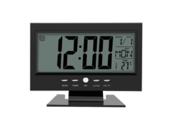 Reloj eléctrico despertador de mesa digital LCD con sensor de sonido, calendario y pantalla de temperatura, color negro