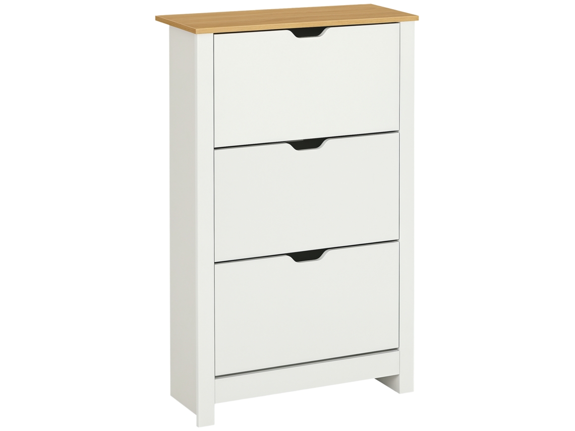 Cajón zapatero con 3 puertas abatibles, 2 compartimentos, tablero de partículas de madera de roble blanco.