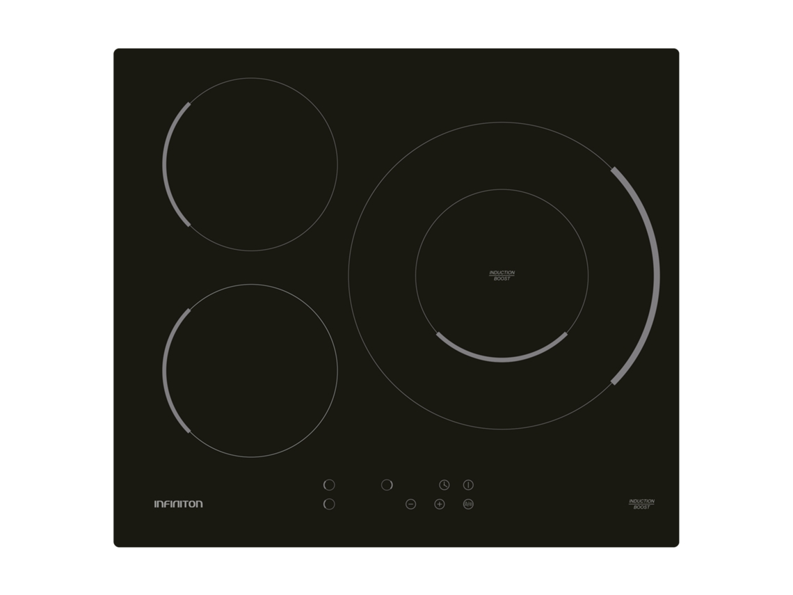 Placa Inducción INFINITON IND3BK8G32, 3 Zonas, 8000 W, Touch control, 9 Niveles de Potencia, Negro