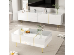 Mueble De Tv Brillante Y Mesa De Centro Moderna, Armarios De Almacenamiento, Blanco.