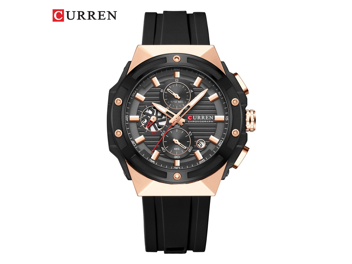 Reloj deportivo multifuncional para hombre con correa de silicona, seis agujas, calendario y resistencia al agua (rosa y negro) | MDUG