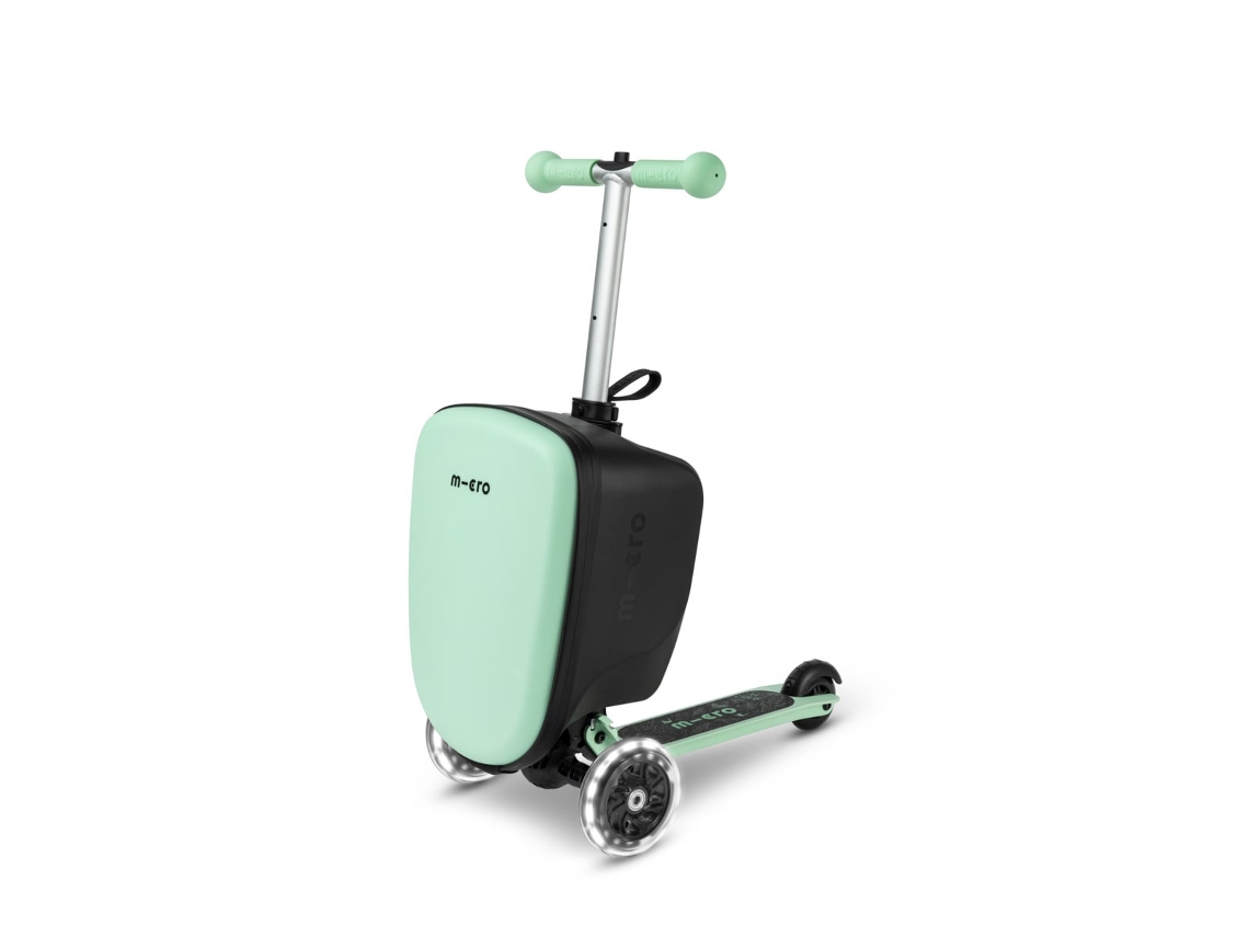 Maleta de viaje para niños con micropatinete y luces LED de color menta.