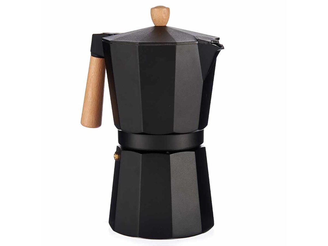 Cafetera de aluminio, 12 tazas, color negro, con mango de madera