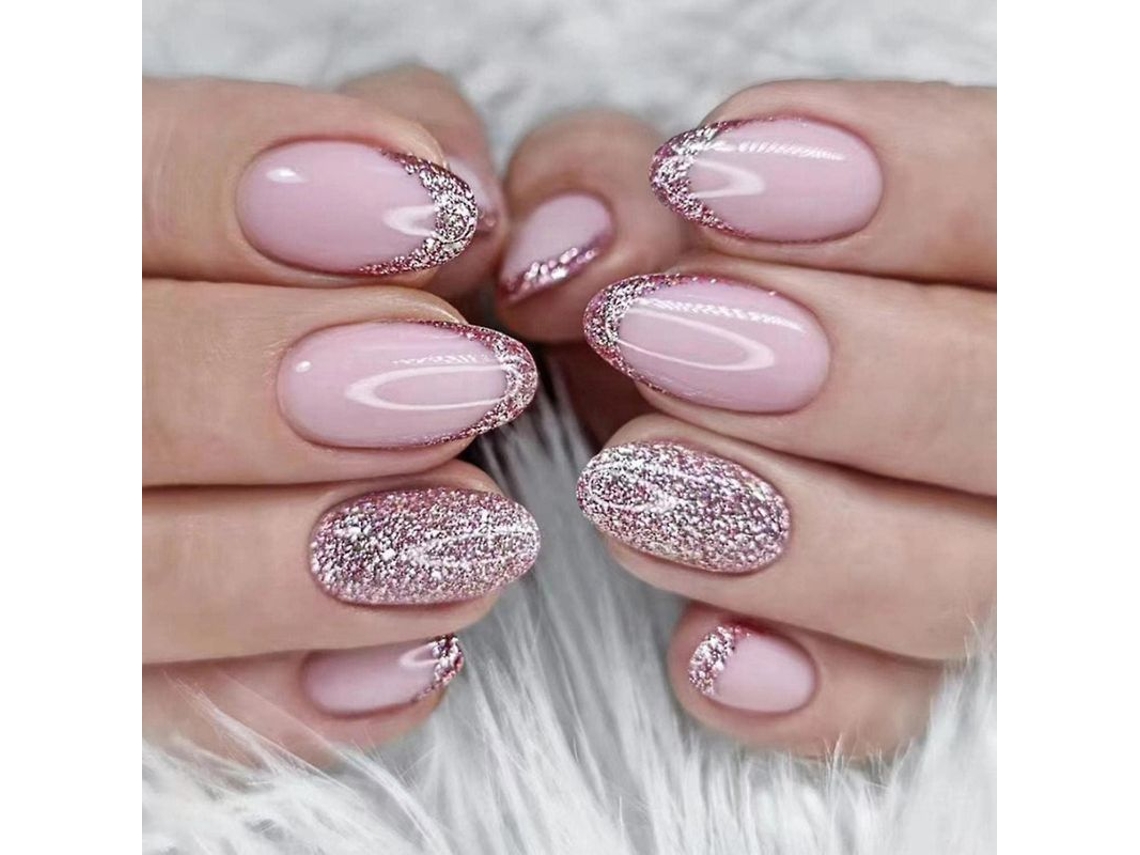 Uñas Postizas Pequeñas De Presión, Punta Francesa, Ovaladas, Con Purpurina, Rosa Brillante, Con Pegatinas, 24 Unidades.