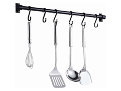 Barra para utensilios de cocina de 40 cm con 6 ganchos extraíbles, color negro