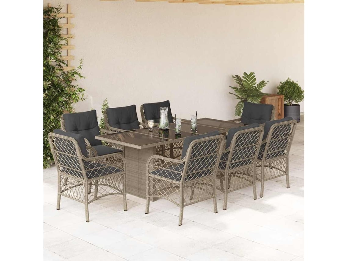 Juego de comedor de jardín de 9 piezas con cojines gris claro, Dkd Home Decor