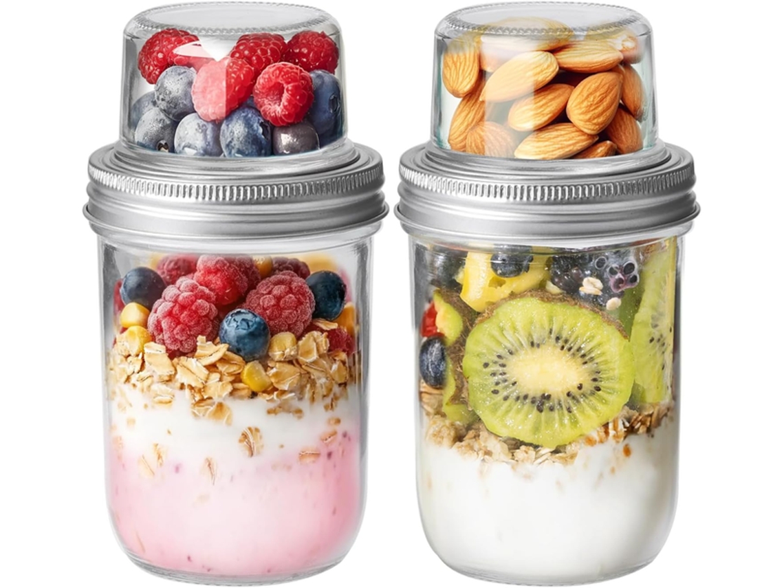 Juego de 2 vasos para avena y yogur, vasos para llevar con separador de líquidos, transparentes, Tommy01