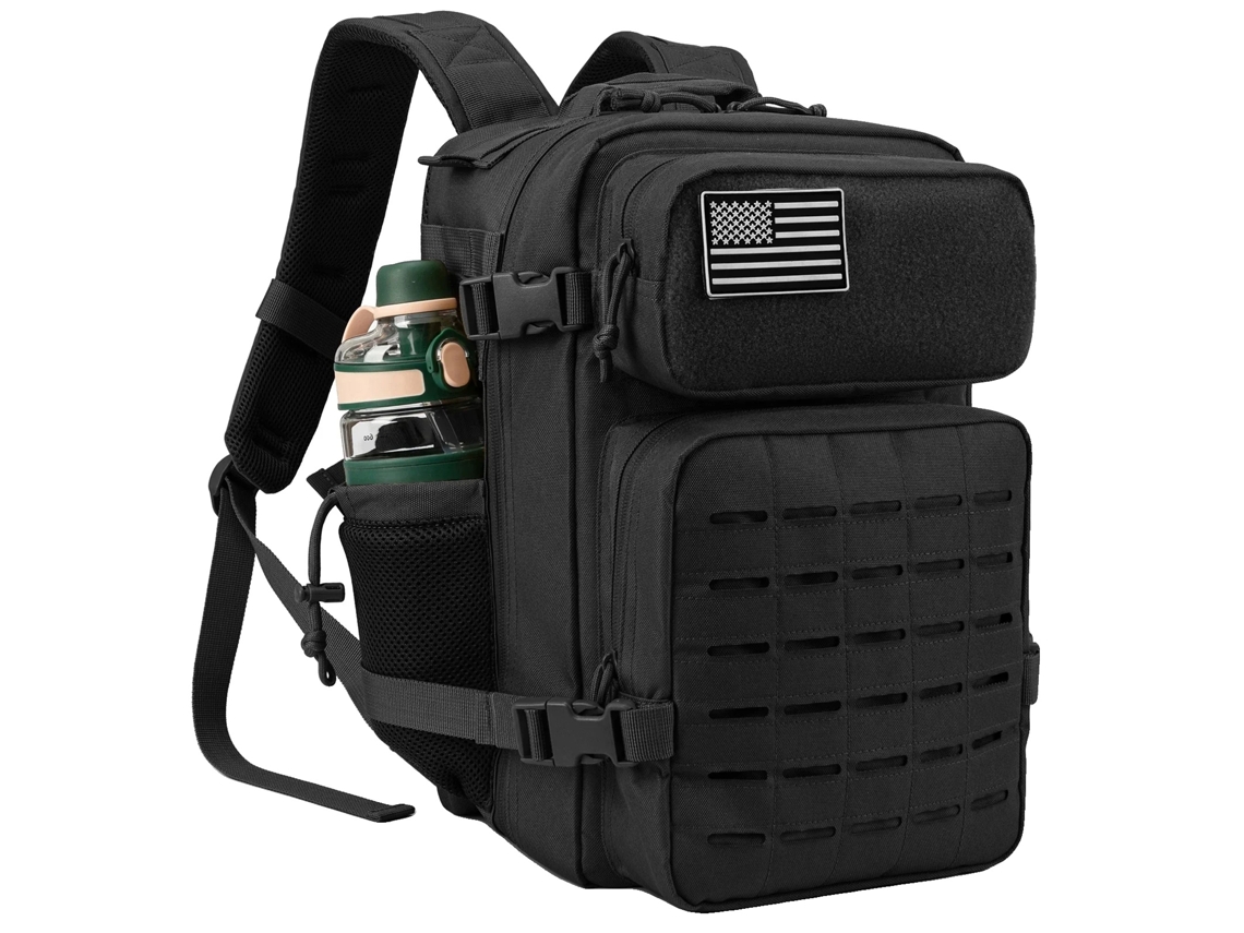 Mochila táctica de 25 l para hombre, construcción duradera, dos portavasos, color negro