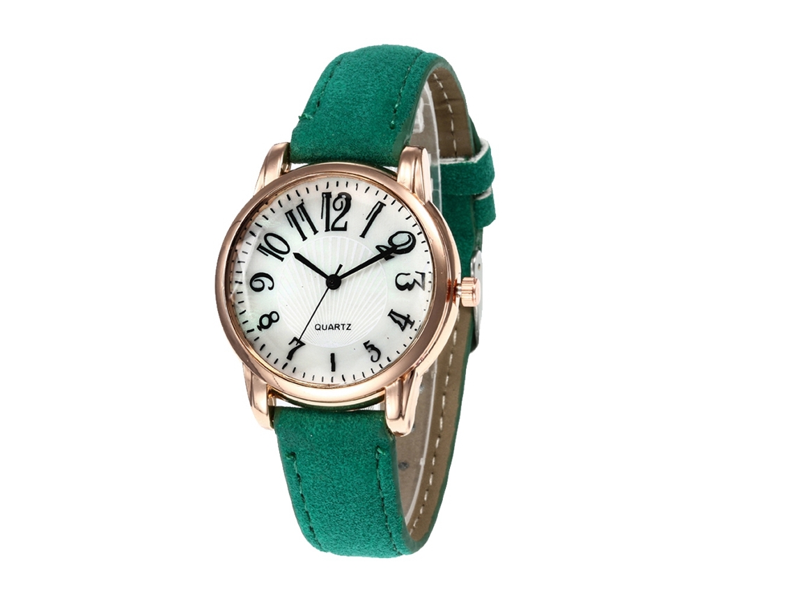 Reloj De Pulsera Para Mujer Con Correa De Cuero, Esfera Redonda Verde Y Movimiento De Cuarzo De Moda.