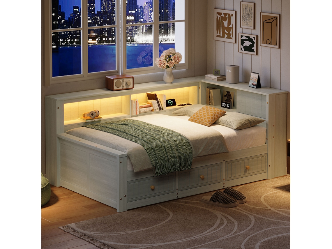 Sofá Cama De Madera Gris De 90x200 Cm Con 3 Cajones Para Almacenamiento Y Optimización Del Espacio.
