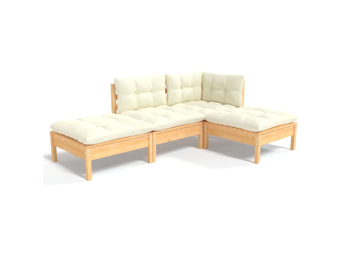 Juego de 4 sillones de jardín con cojines de pino macizo color crema MAISON EXCLUSIVE