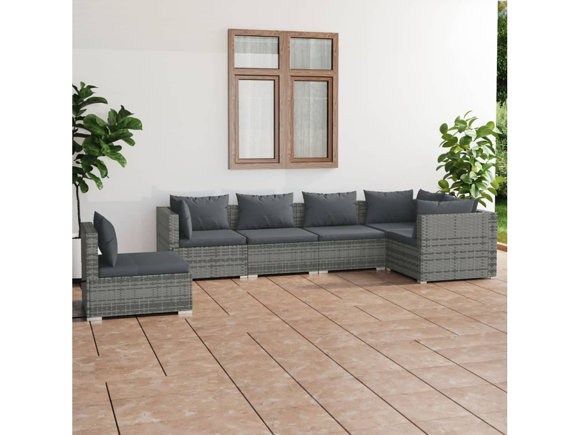 Conjunto de jardín de 6 piezas con cojines, ratán gris, DKD Home Decor
