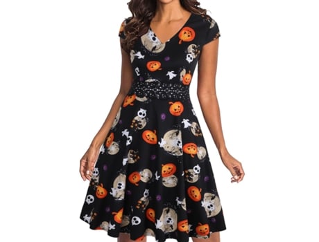 Vestido estampado de manga corta con calabaza de Halloween navideña XL