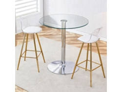 Mesa de bar redonda de cristal de 89 cm con 2 taburetes dorados.