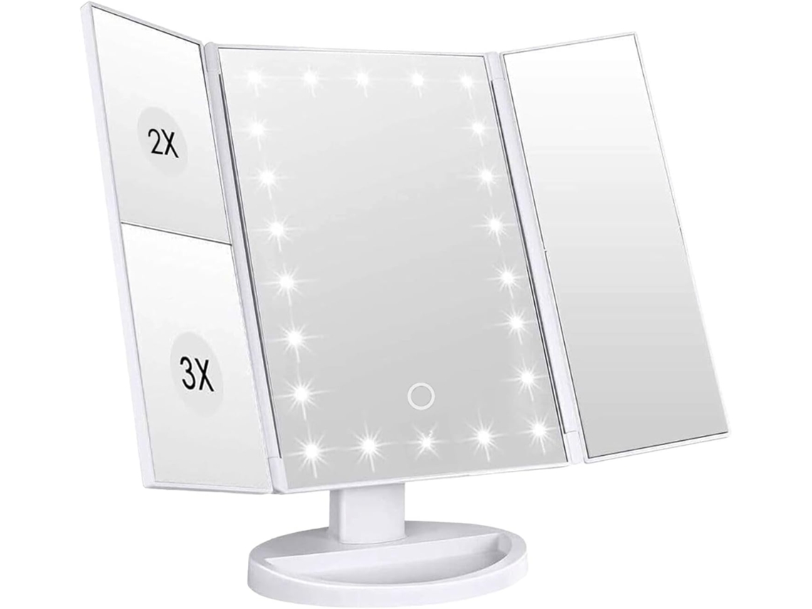 Espejo de maquillaje de 3 caras, 21 LED, USB, blanco, aumento 1x/2x/3x, luz ajustable, plegable ZYBLSSBB