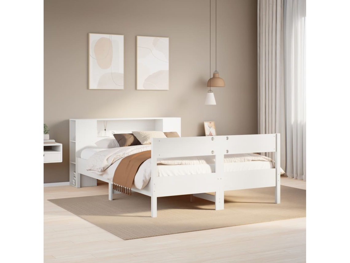 Cama Con Estantería Sin Colchón Madera Maciza Blanca 150x200 Cm