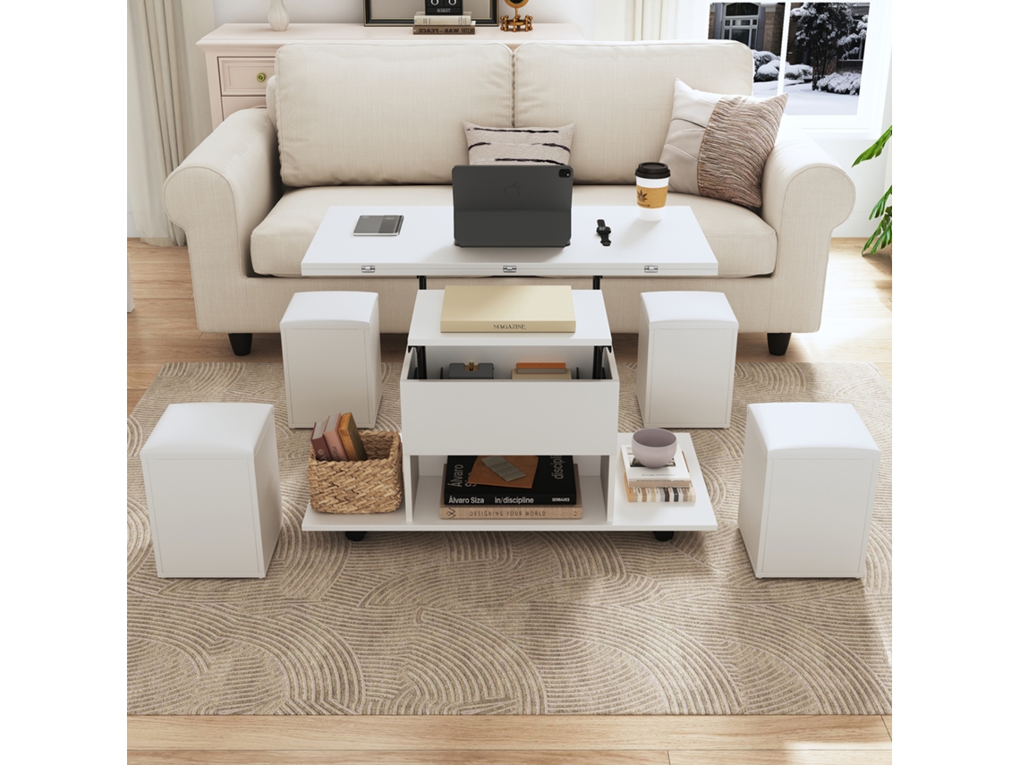 Mesa de centro multifuncional transformable en mesa y 4 taburetes, color blanco.