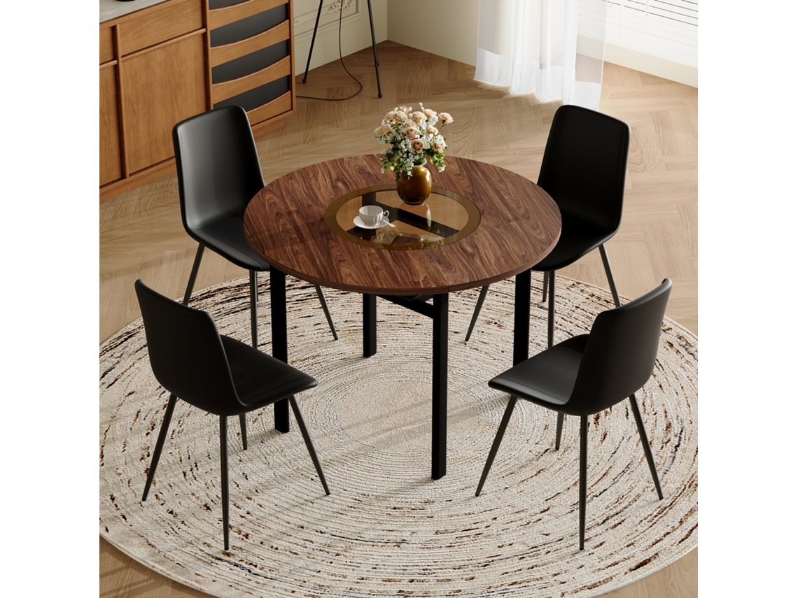 Conjunto De Mesa Redonda De Madera, Marrón, 100 Cm, Con Espacio De Almacenamiento, 4 Sillas De Pu Negras.