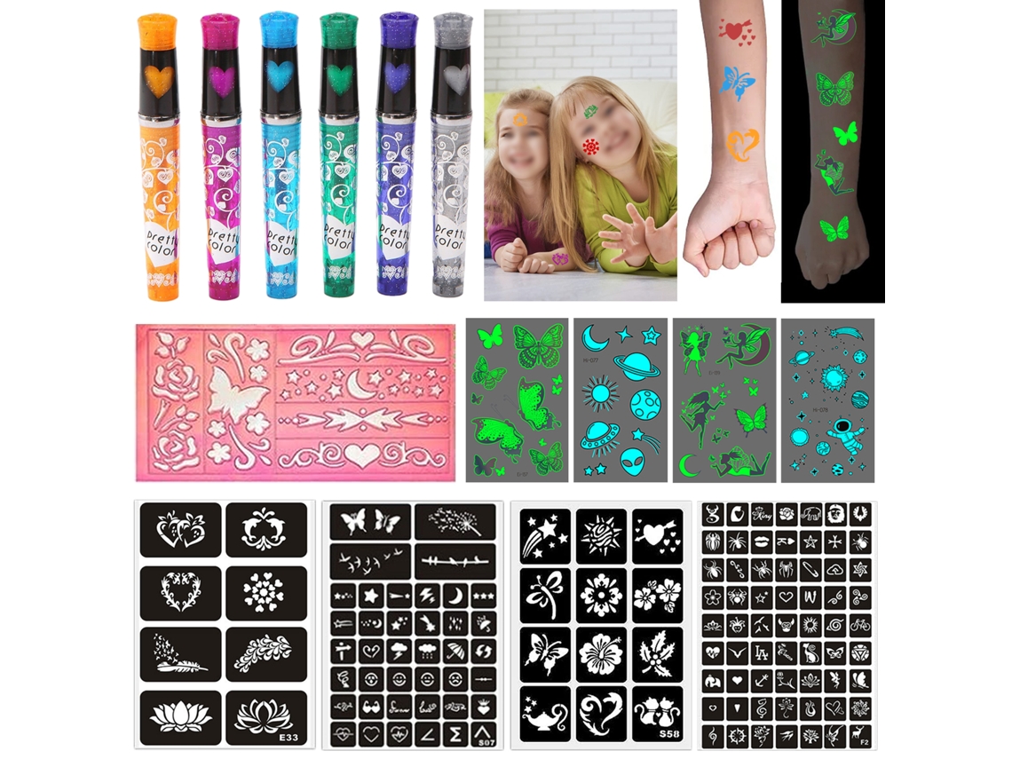 Bolígrafos de tatuaje para niños de 6 colores, juego de bolígrafos de gel para tatuajes, con 4 tatuajes luminosos, 5 plantillas y pegatinas.