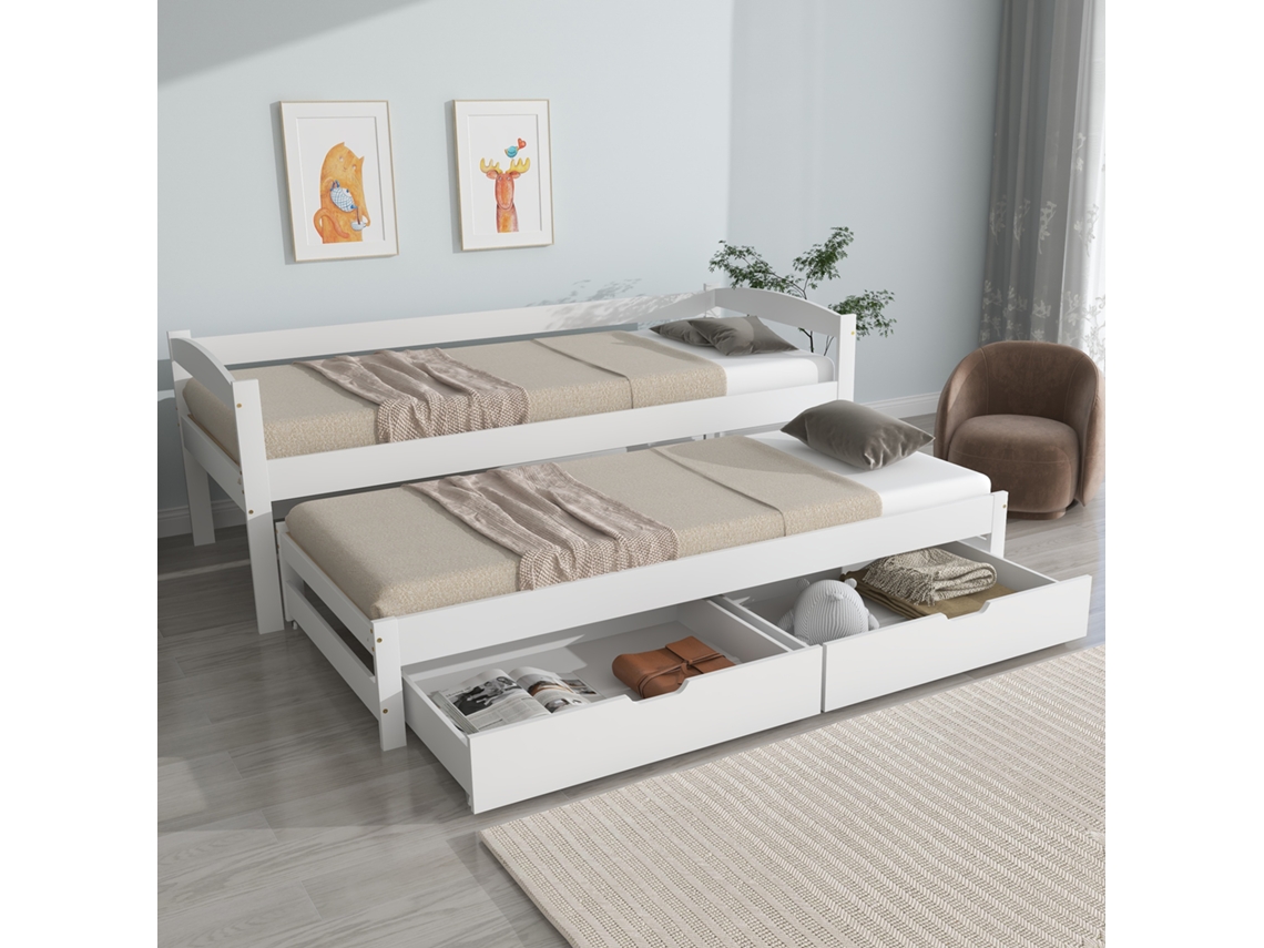 Sofá Cama De 90x200/190 Cm Con Cama Nido Con Ruedas Y 2 Cajones, Estructura De Mdf Y Madera Maciza, Color Blanco.