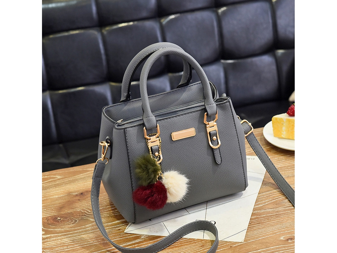 Bolso De Mujer De Pu Con Textura De Lichi Y Pompón, Bolso De Mano/bandolera De Gran Capacidad, Gris Oscuro.