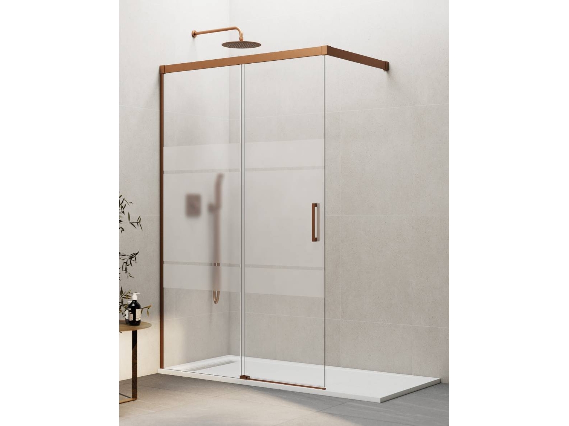 Mampara De Ducha Frontal Walk-in 1+1 Thalassa (basic) 110 Cm Perfil Cobre Cristal Serigrafía